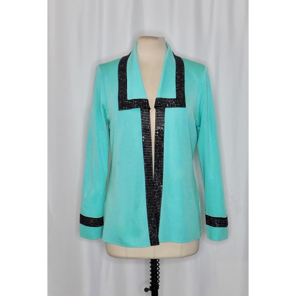 MING WANG Seafoam Green Black Studded Embellished Cardigan Sweater Medium
